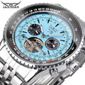 Jaragar Mens Automatic Mechanical Watch Fashion Tourbillon Blue Dial Date Display Stainless Steel Strap Sport Watches Men