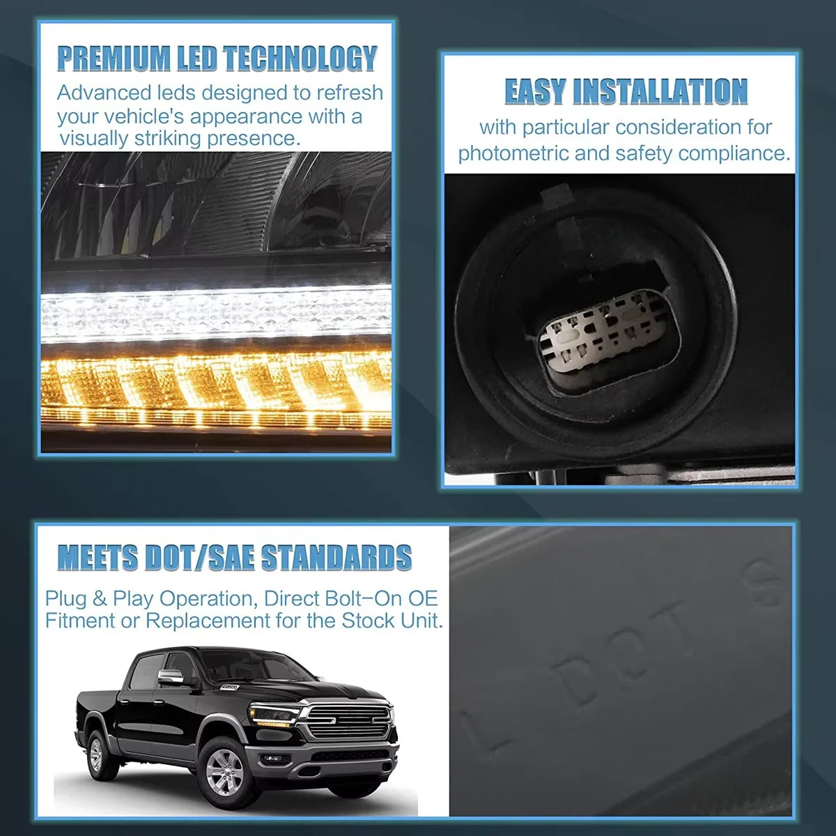 Car Accessories LED Head Lights Assembly for 2019-2021 Dodge RAM 1500 with Reflectors Tradesman, Bighorn, Laramie, Rebel