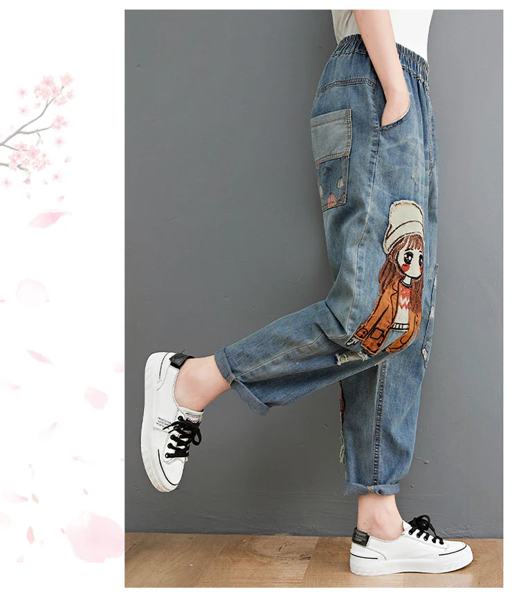 6537 Cartoon Litter Girl Embroidery Denim Pants For Women Trendy Hole Casual High Waist Breeches Pockets Mom Harem Blue Jeans
