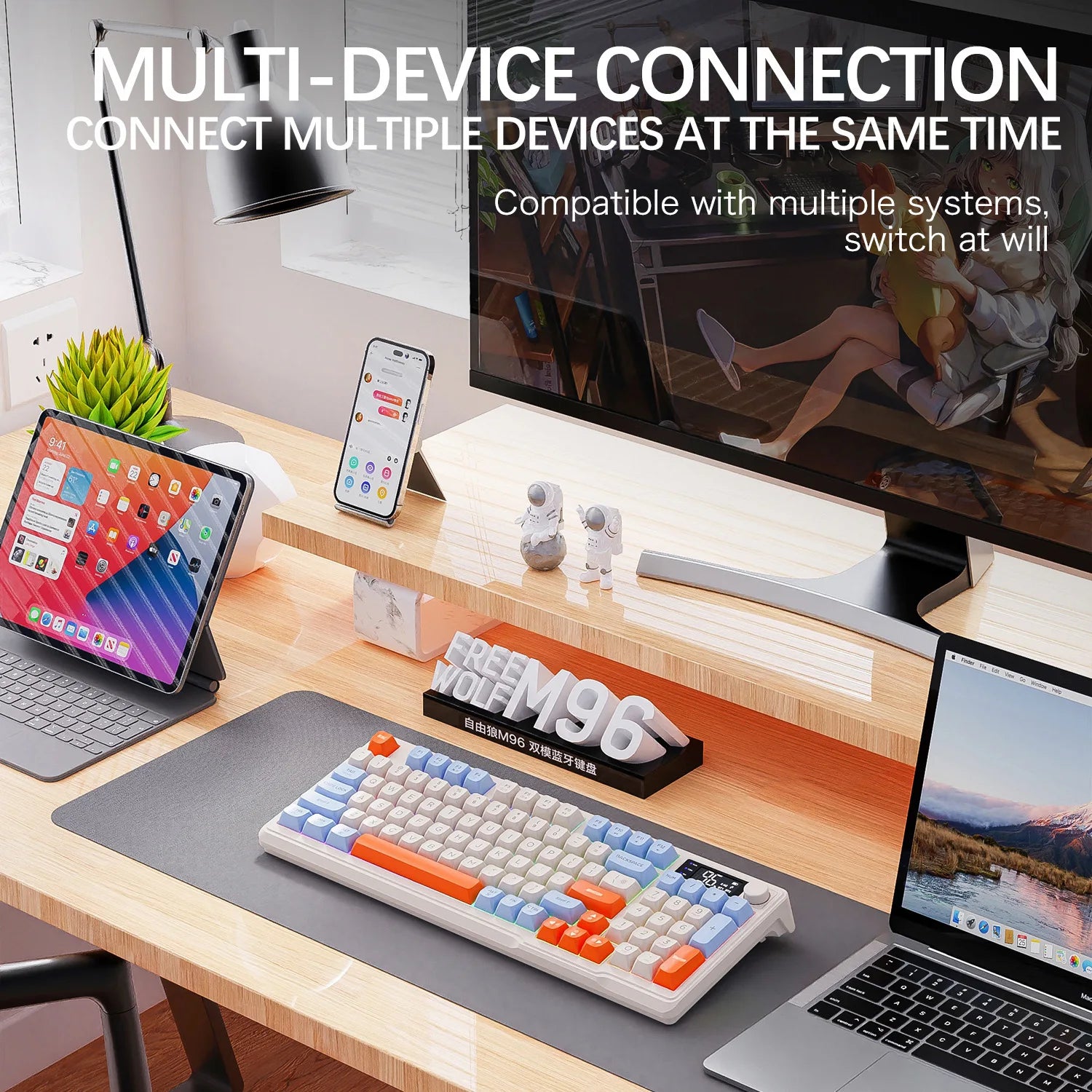 Free Wolf M96 Wireless BT Dual Mode Mechanical Touch Keyboard PBT Ball Hat With Display Knob Game Keyboard