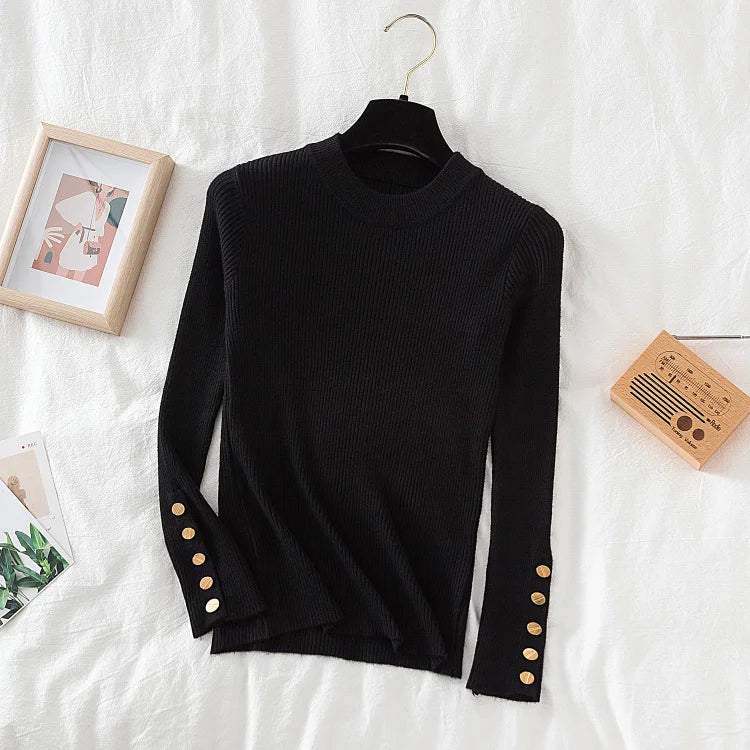 2026 women thick sweater pullovers khaki casual autumn winter button o-neck chic sweater female slim knit top soft jumper tops