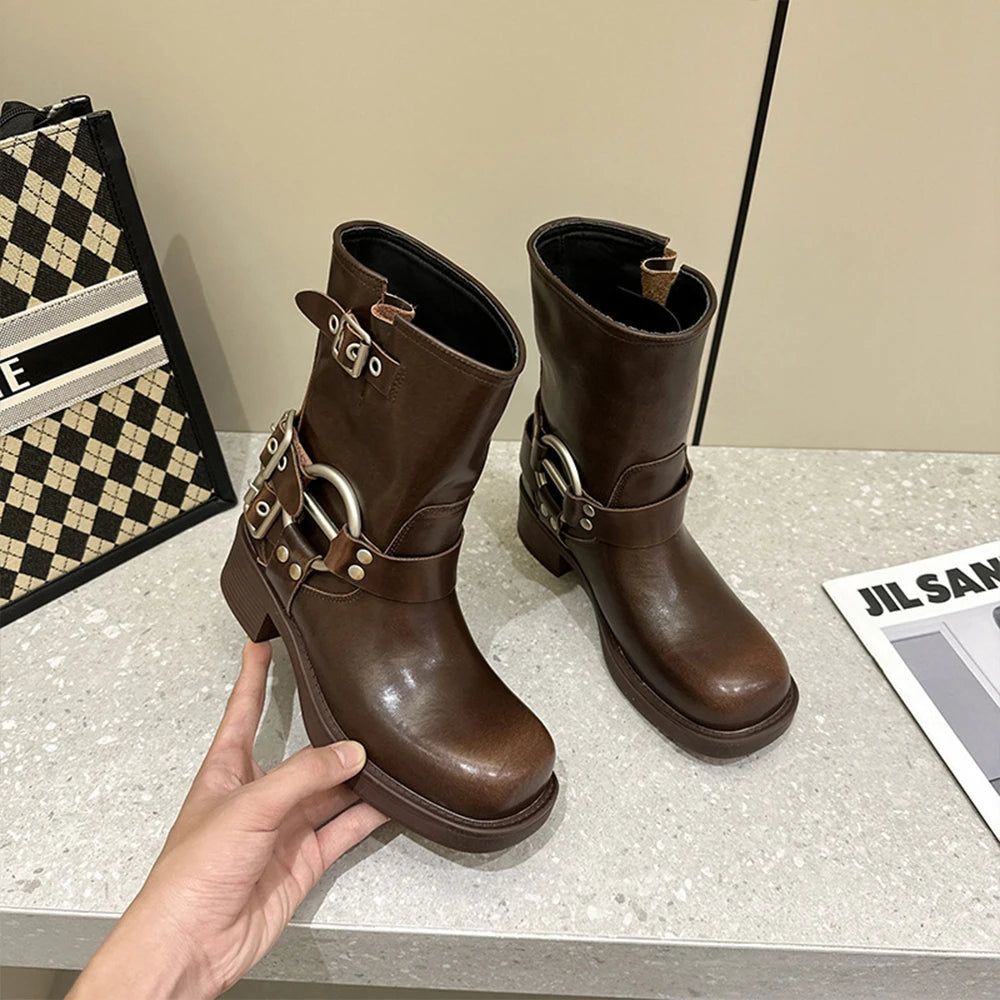 2025 Autumn Winter Retro Women's Long & Short Square Toe Waterproof Motorcycle Western Cowboy Boots Chunky Heels Trend
