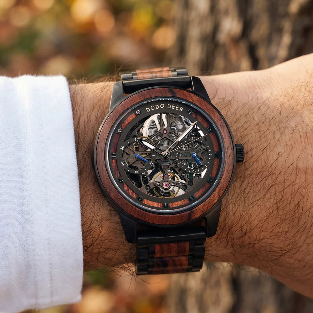 Premium Skeleton Wooden Mechanical Watch Personalized Automatic Timepiece Handmade Wood and Steel Wristwatch for Men's Gift