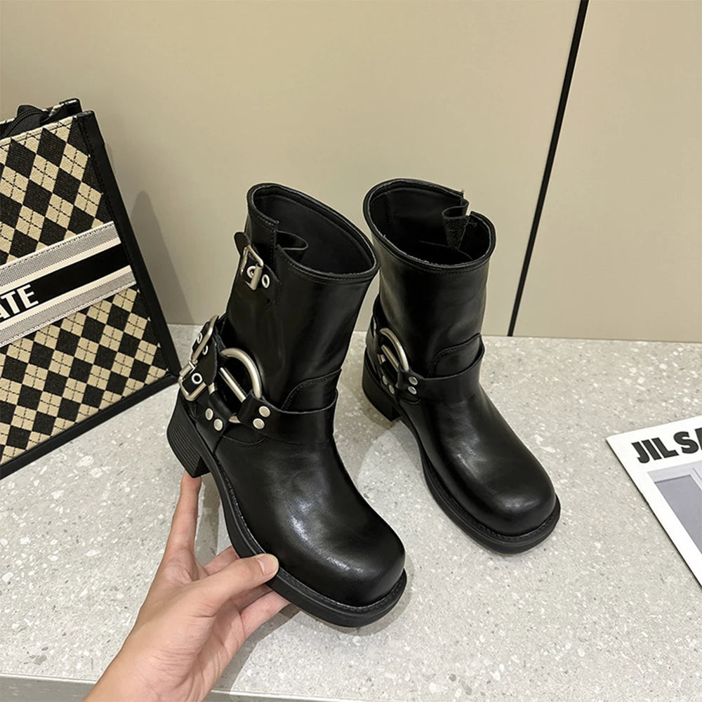 2025 Autumn Winter Retro Women's Long & Short Square Toe Waterproof Motorcycle Western Cowboy Boots Chunky Heels Trend