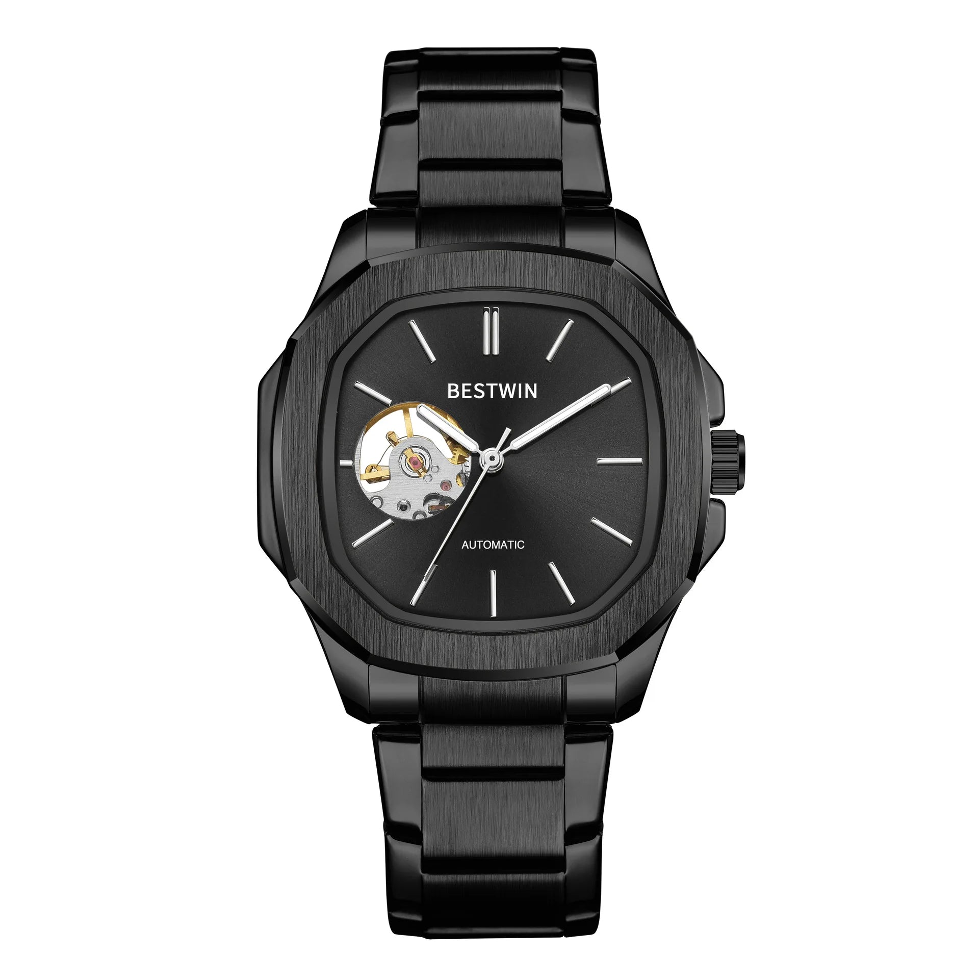 BESTWIN 985 Skeleton Hollow Men Automatic Mechanical Watch Steampunk Sliver Blue Steel Waterproof Wrist Watches Male Mechanism