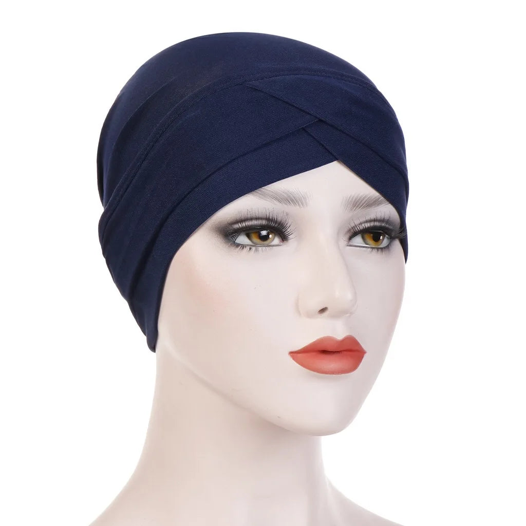 H117 Forehead criss Cross Muslim Turban Pure Color Stretch Inner Hijabs For Caps Ready To Wear Women Head Scarf Under Bonnet