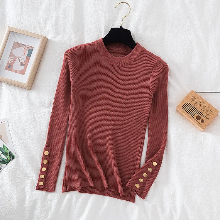2026 women thick sweater pullovers khaki casual autumn winter button o-neck chic sweater female slim knit top soft jumper tops