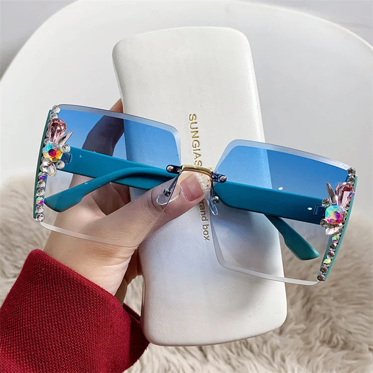 2024 Luxury Vintage Sunglasses Branded Custom logo Eyewear Shades Oversized Female Rimless Square Diamond Ladies Sunglasses