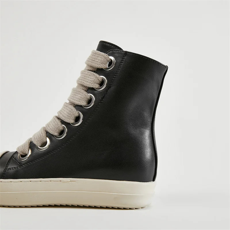 Fast Shipping Round Toe High Top Board Sneakers Black Leather Casual Winter Shoes Women Zip Ankle Lace up Motorcycle Boots