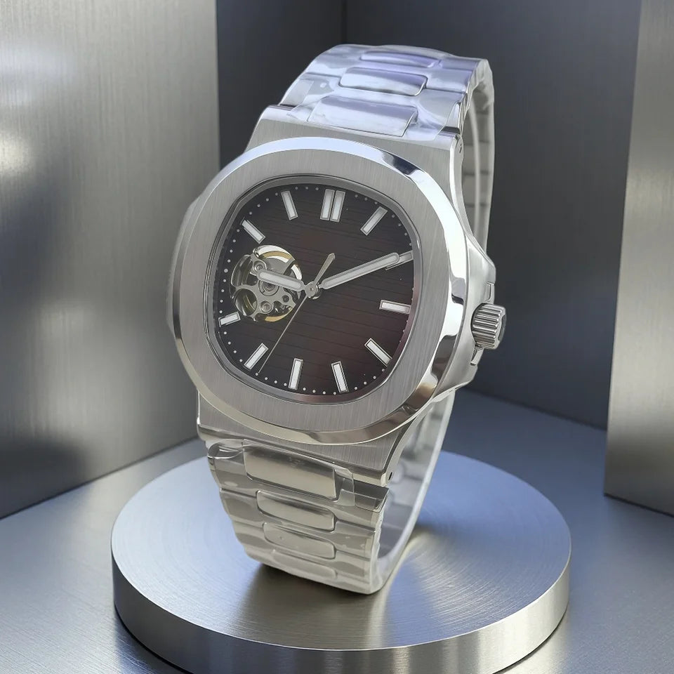 SEIKO NH38 Movement 41mm Fully Automatic Mechanical Men's Watch Hollowed-out Stainless Steel Mineral Glass 10Bar Water Resistant