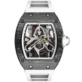 44mm Skeleton Mechanical Men's Watch-Tonneau Carbon Fiber Case 20mm White Rubber Strap 3BAR Water Resistant Sapphire Crystal