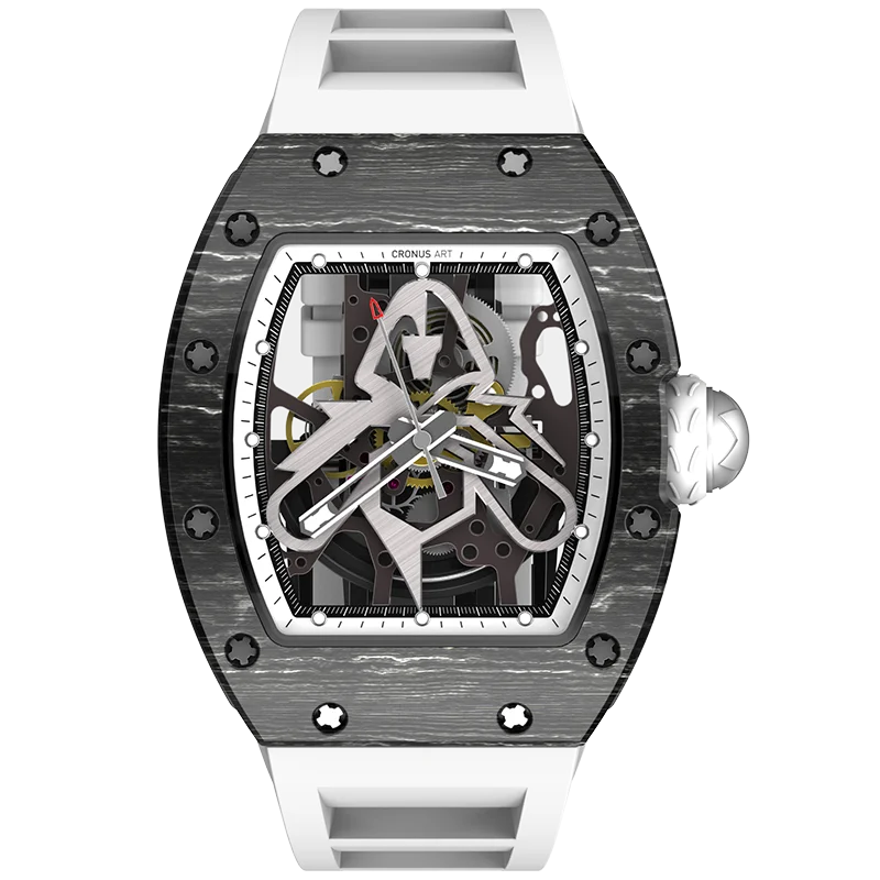 44mm Skeleton Mechanical Men's Watch-Tonneau Carbon Fiber Case 20mm White Rubber Strap 3BAR Water Resistant Sapphire Crystal