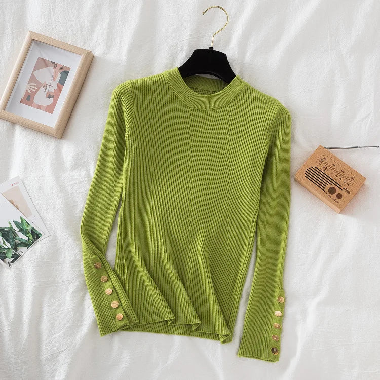 2026 women thick sweater pullovers khaki casual autumn winter button o-neck chic sweater female slim knit top soft jumper tops