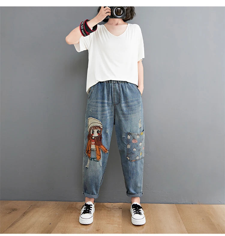 6537 Cartoon Litter Girl Embroidery Denim Pants For Women Trendy Hole Casual High Waist Breeches Pockets Mom Harem Blue Jeans