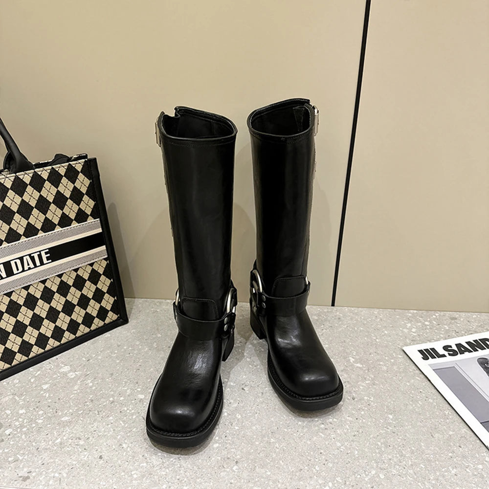 2025 Autumn Winter Retro Women's Long & Short Square Toe Waterproof Motorcycle Western Cowboy Boots Chunky Heels Trend