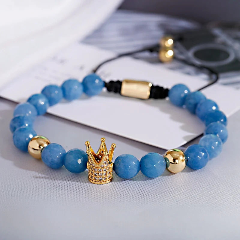 Luxury Crown Zircon Weaving Bracelet Homme Pulseira Hombres Classic Blue Stone Beads Bracelet Men Women Dropshipping