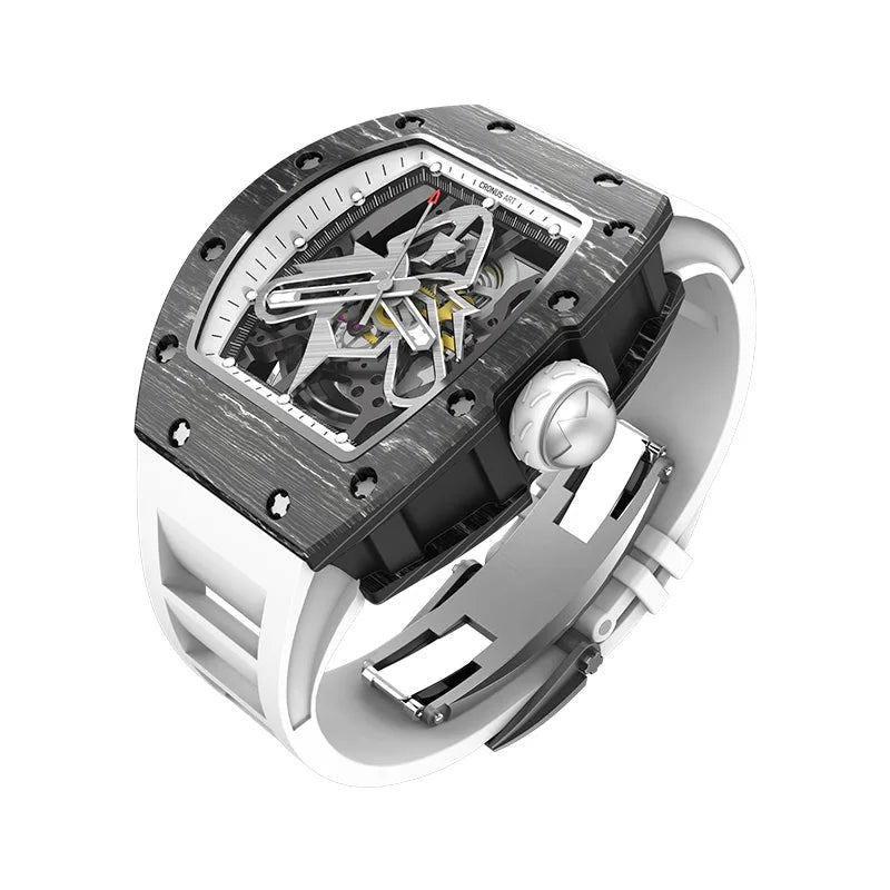 44mm Skeleton Mechanical Men's Watch-Tonneau Carbon Fiber Case 20mm White Rubber Strap 3BAR Water Resistant Sapphire Crystal