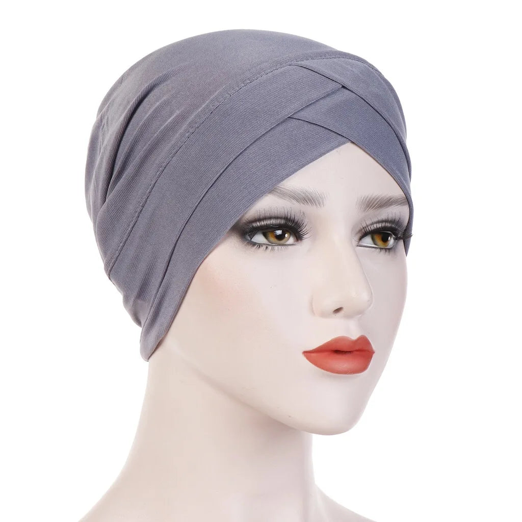H117 Forehead criss Cross Muslim Turban Pure Color Stretch Inner Hijabs For Caps Ready To Wear Women Head Scarf Under Bonnet