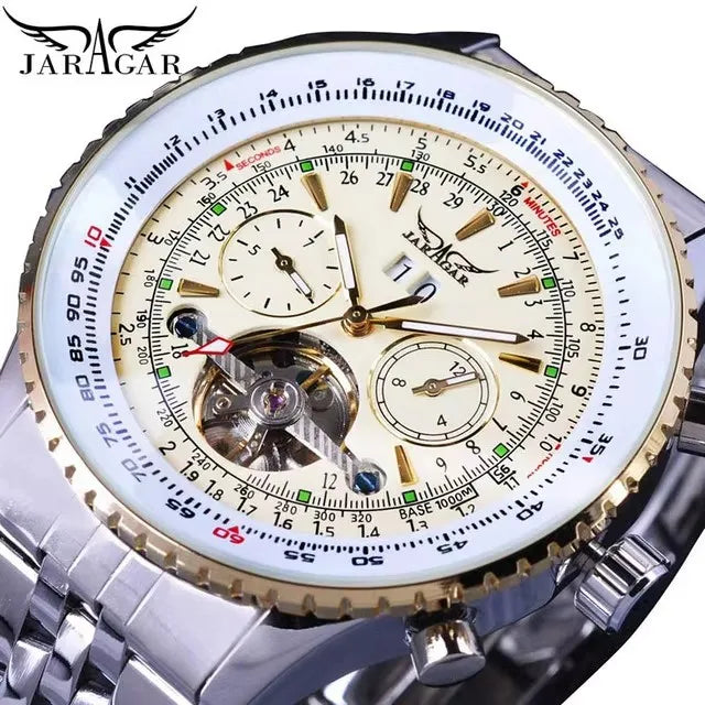 Jaragar Mens Automatic Mechanical Watch Fashion Tourbillon Blue Dial Date Display Stainless Steel Strap Sport Watches Men
