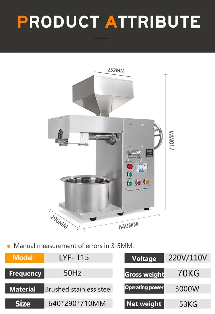 MJ LYF-T15 Automatic 3000W Cold Hot Pressing Press Machine for Soybean Nut Palm Sunflower Sesame Walnut Oil-20kg/h Capacity