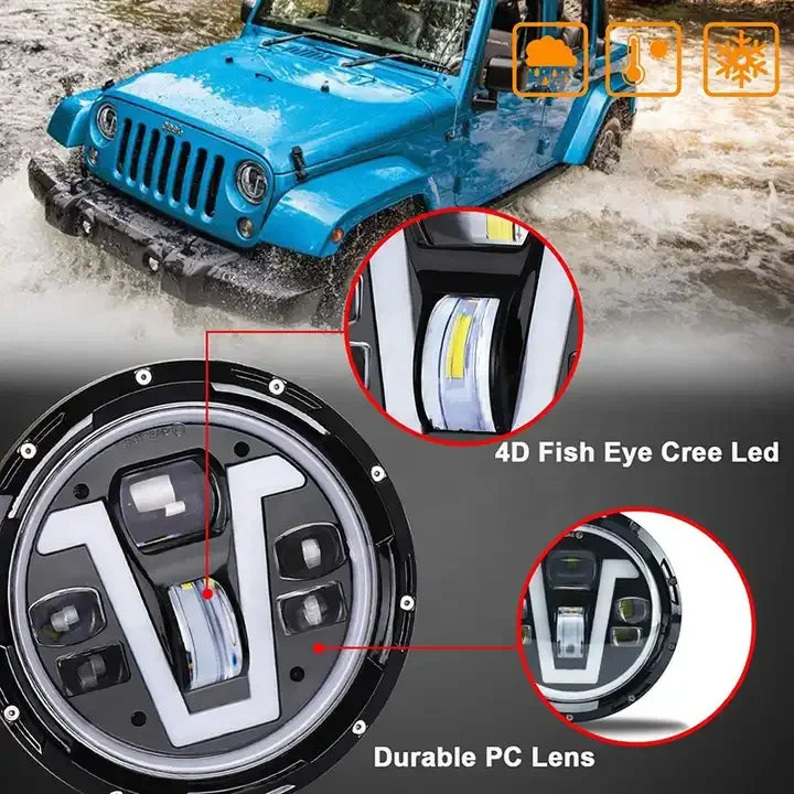 OVOVS Car Accessories 50W 7 Inch Led Headlights with V Shape DRL Turn Signal High Low Beam for Jeep Wrangler JK