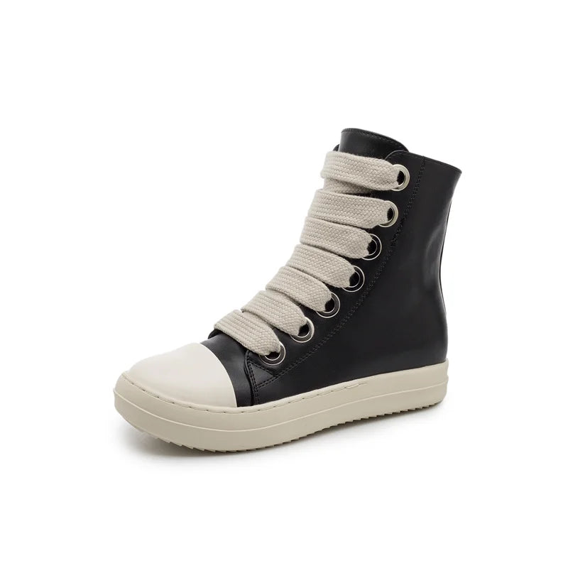 Fast Shipping Round Toe High Top Board Sneakers Black Leather Casual Winter Shoes Women Zip Ankle Lace up Motorcycle Boots