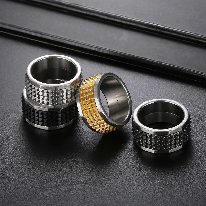 Fongten 12mm Rivet Pyramid Rings For Women Men Stainless Steel Hip Hop Anillos Hombres Classic Charm Ring Jewelry Christmas Gift