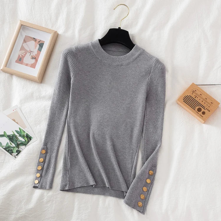 2026 women thick sweater pullovers khaki casual autumn winter button o-neck chic sweater female slim knit top soft jumper tops