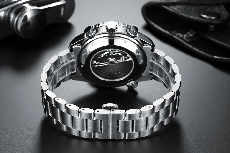 Drop Ship Men Mechanical Wristwatch Stainless Steel Waterproof Sport Chronograph See Through Montre Homme Luxury Automatic Watch