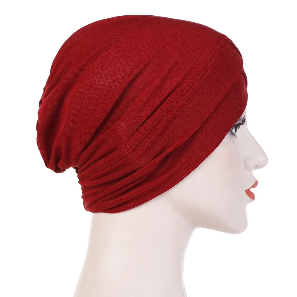 H117 Forehead criss Cross Muslim Turban Pure Color Stretch Inner Hijabs For Caps Ready To Wear Women Head Scarf Under Bonnet