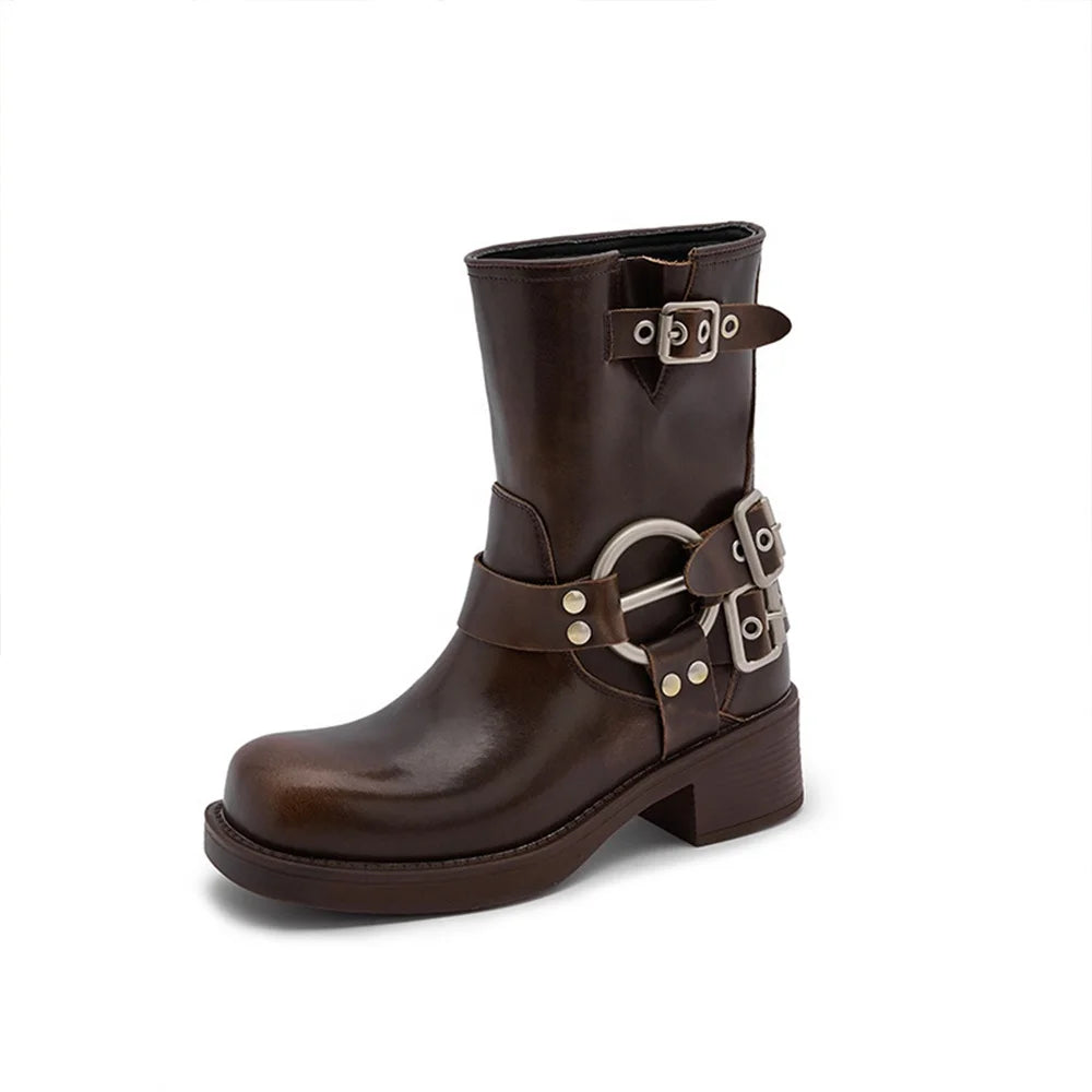 2025 Autumn Winter Retro Women's Long & Short Square Toe Waterproof Motorcycle Western Cowboy Boots Chunky Heels Trend