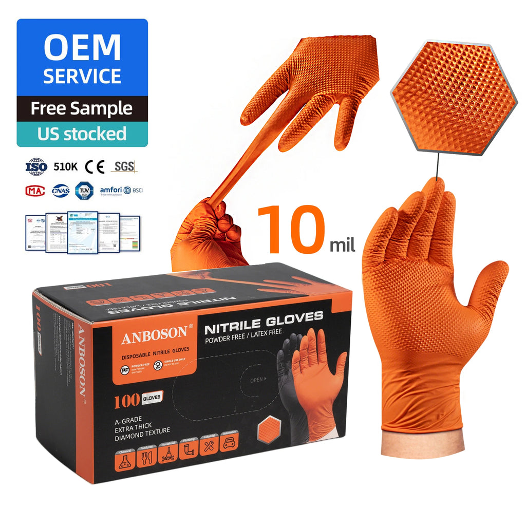 Anboson 10mil Orange Disposable Diamond Textured Nitrile Gloves Guantes De Nitrilo Industrial Heavy Duty for Mechanics