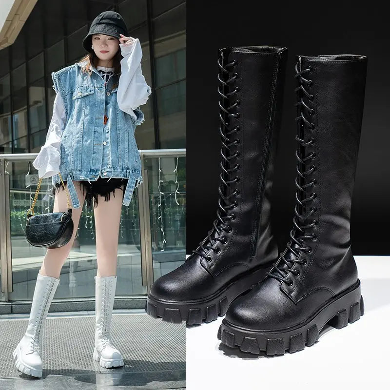 Sexy Knee-High PU Boots Lace-Up Closure Solid High Heel Fashion Shoes Spring Autumn Waterproof Motorcycle Style for Women