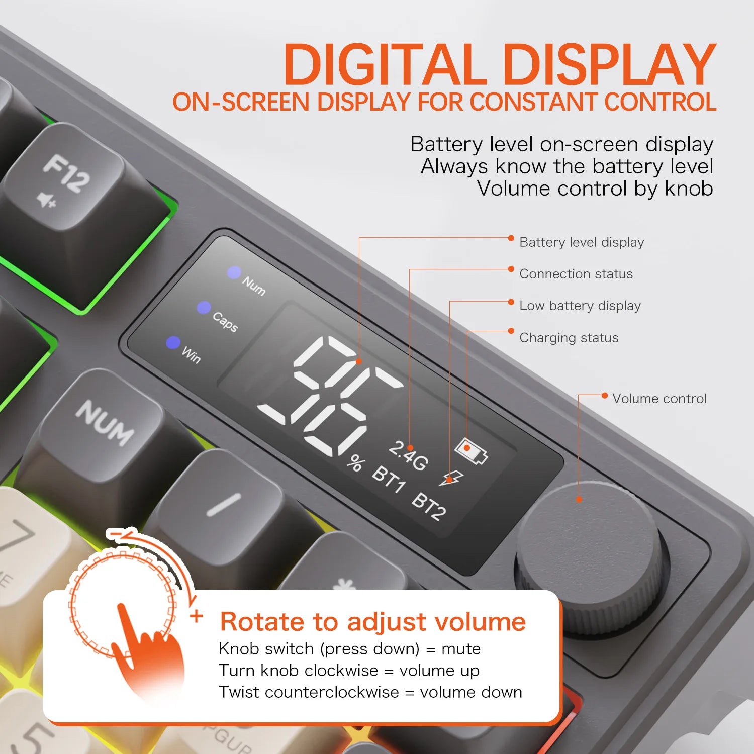 Free Wolf M96 Wireless BT Dual Mode Mechanical Touch Keyboard PBT Ball Hat With Display Knob Game Keyboard
