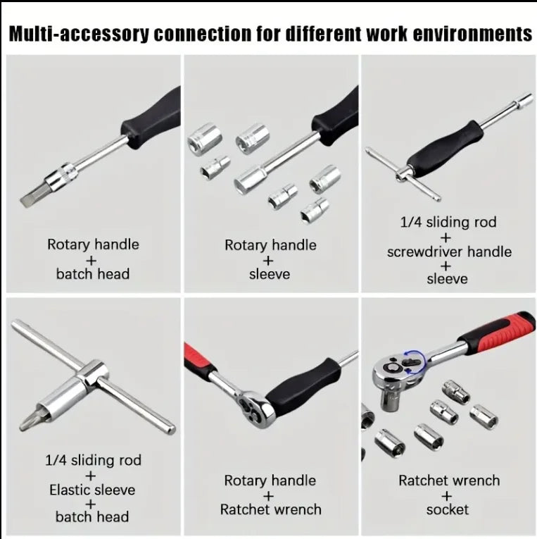 46PCS Master Mechanic Tool Kit with 3/8" Ratchet, SAE/Metric Sockets, Torx/Hex Bits, Extension Bars - Professional Grade -001