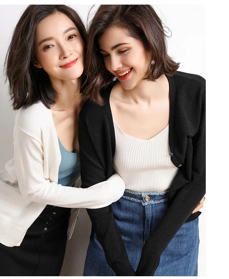2025 Women Cardigans Long Sleeve Knitted Outerwear Solid Thin Spring Autumn Sweaters V-neck Knitwears Korean Fashion Cardigans