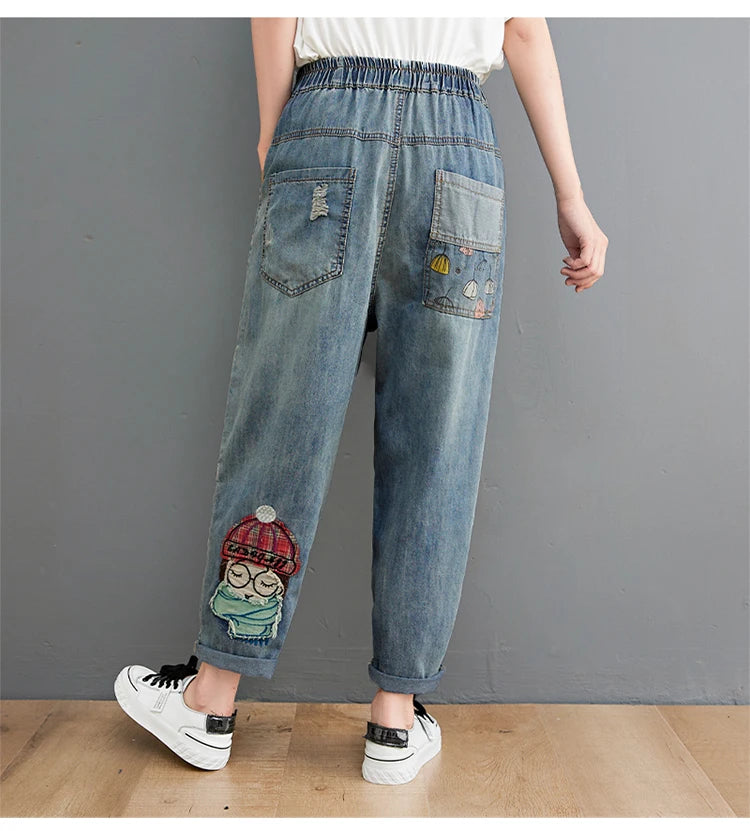 6537 Cartoon Litter Girl Embroidery Denim Pants For Women Trendy Hole Casual High Waist Breeches Pockets Mom Harem Blue Jeans