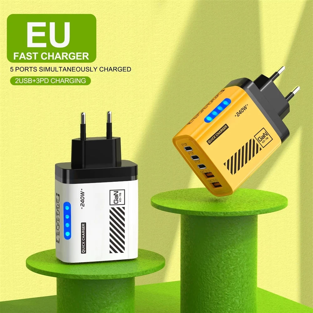 PD240W Mechanic Intelligent Charging Plug 3 Type-C + Dual USB Multi-Port Adapter Mobile Phone Fast Charger