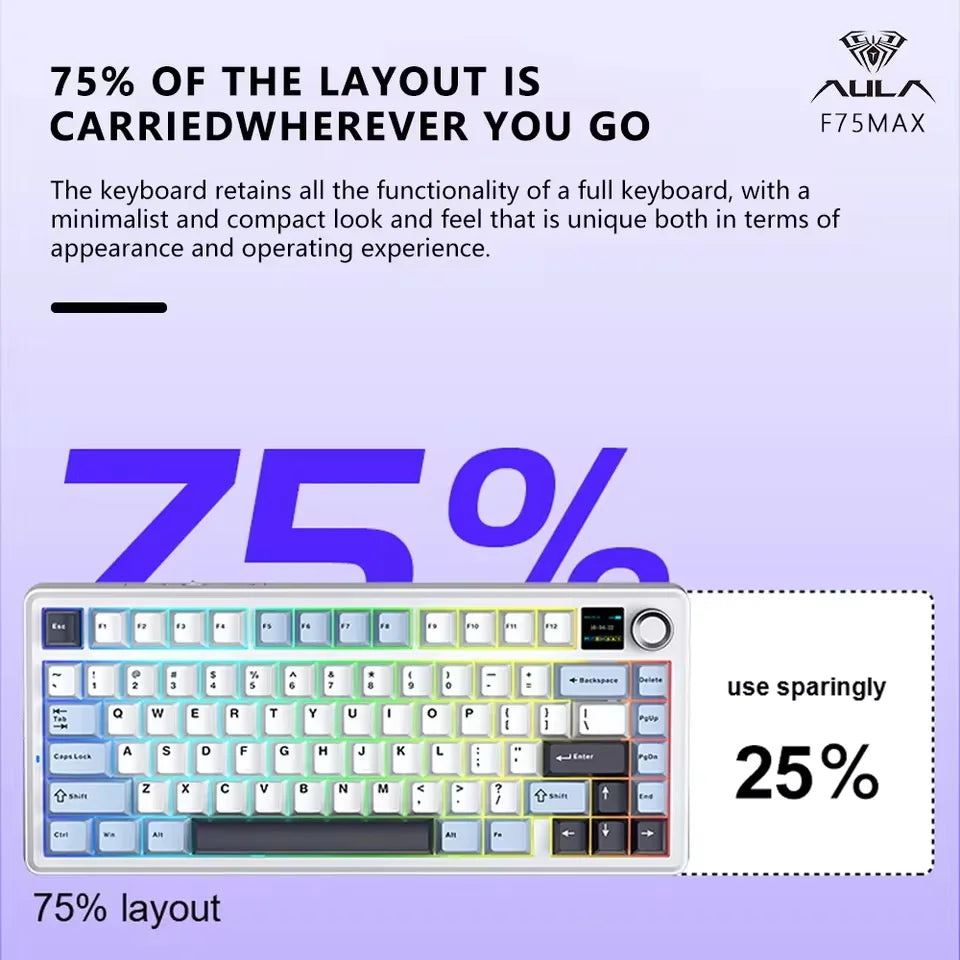 AULA F75 MAX Gaming Mechanical Keyboard 75% Wired//2.4G Hot-Swap RGB E-sports Keyboard with TFT Screen for PC Office
