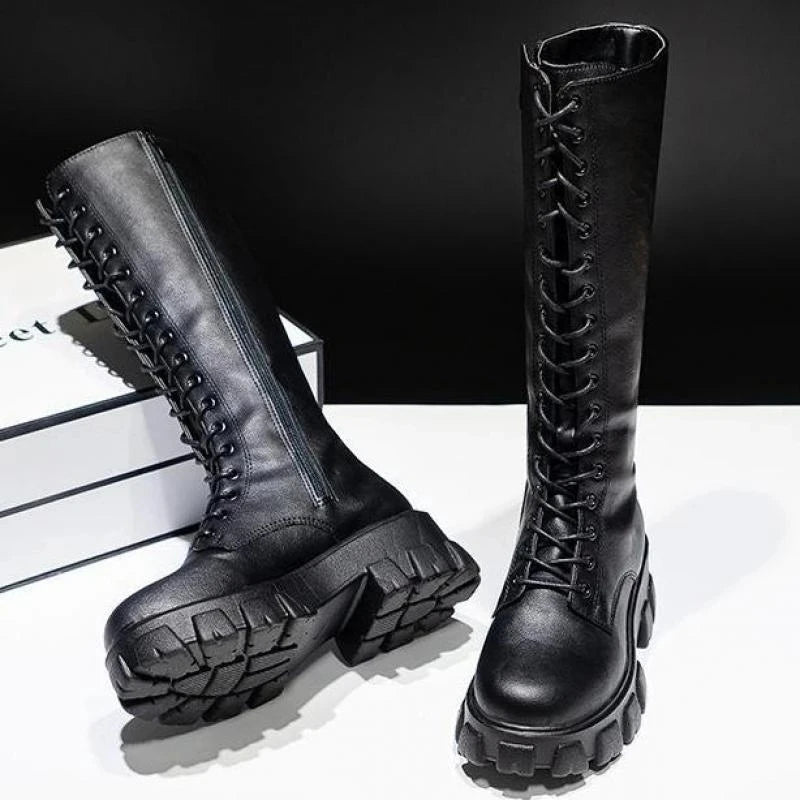 Sexy Knee-High PU Boots Lace-Up Closure Solid High Heel Fashion Shoes Spring Autumn Waterproof Motorcycle Style for Women