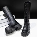 Sexy Knee-High PU Boots Lace-Up Closure Solid High Heel Fashion Shoes Spring Autumn Waterproof Motorcycle Style for Women
