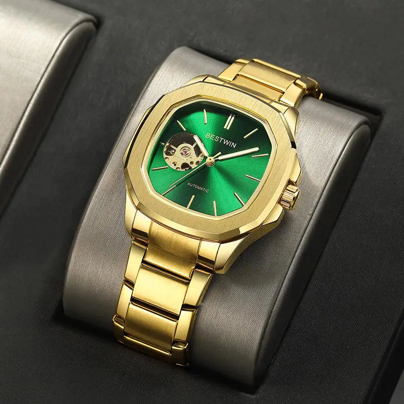 BESTWIN 985 Skeleton Hollow Men Automatic Mechanical Watch Steampunk Sliver Blue Steel Waterproof Wrist Watches Male Mechanism