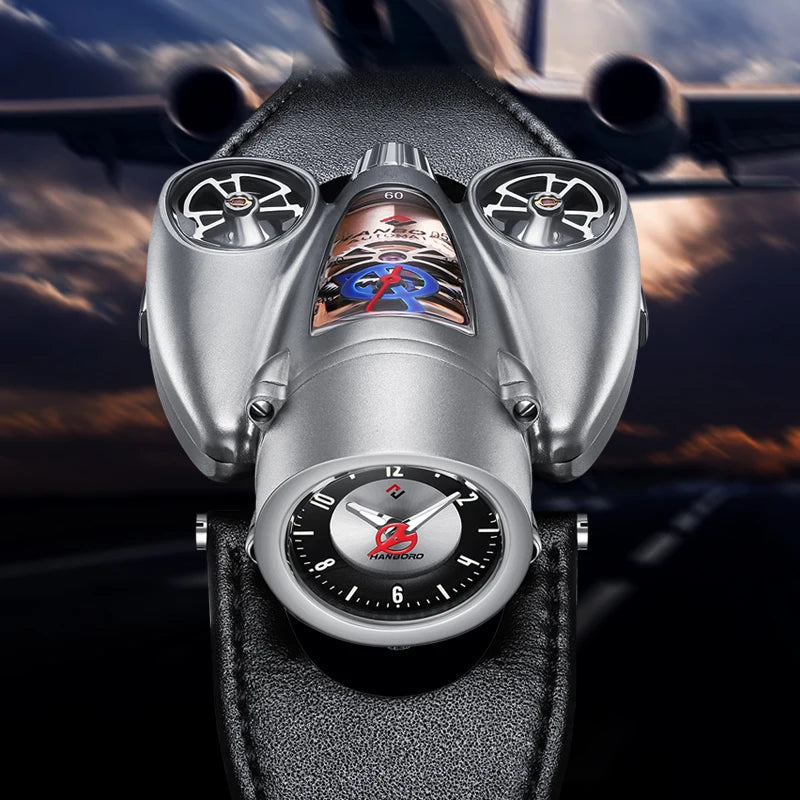 Men's Exclusive Airplane Series Citizen Movement Mechanical Watch Unique Shaped Pointer Moon Phase Crown Leather Band Craftsmen