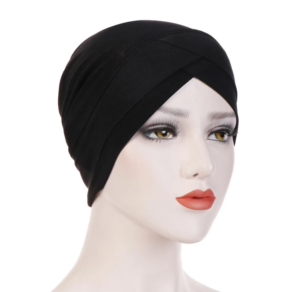 H117 Forehead criss Cross Muslim Turban Pure Color Stretch Inner Hijabs For Caps Ready To Wear Women Head Scarf Under Bonnet