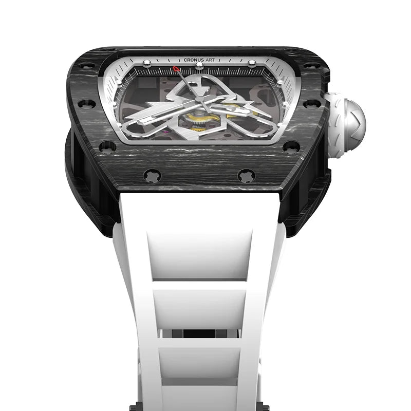 44mm Skeleton Mechanical Men's Watch-Tonneau Carbon Fiber Case 20mm White Rubber Strap 3BAR Water Resistant Sapphire Crystal