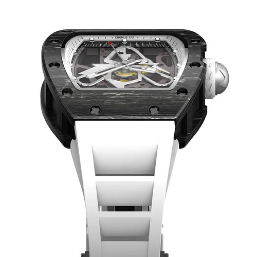 44mm Skeleton Mechanical Men's Watch-Tonneau Carbon Fiber Case 20mm White Rubber Strap 3BAR Water Resistant Sapphire Crystal