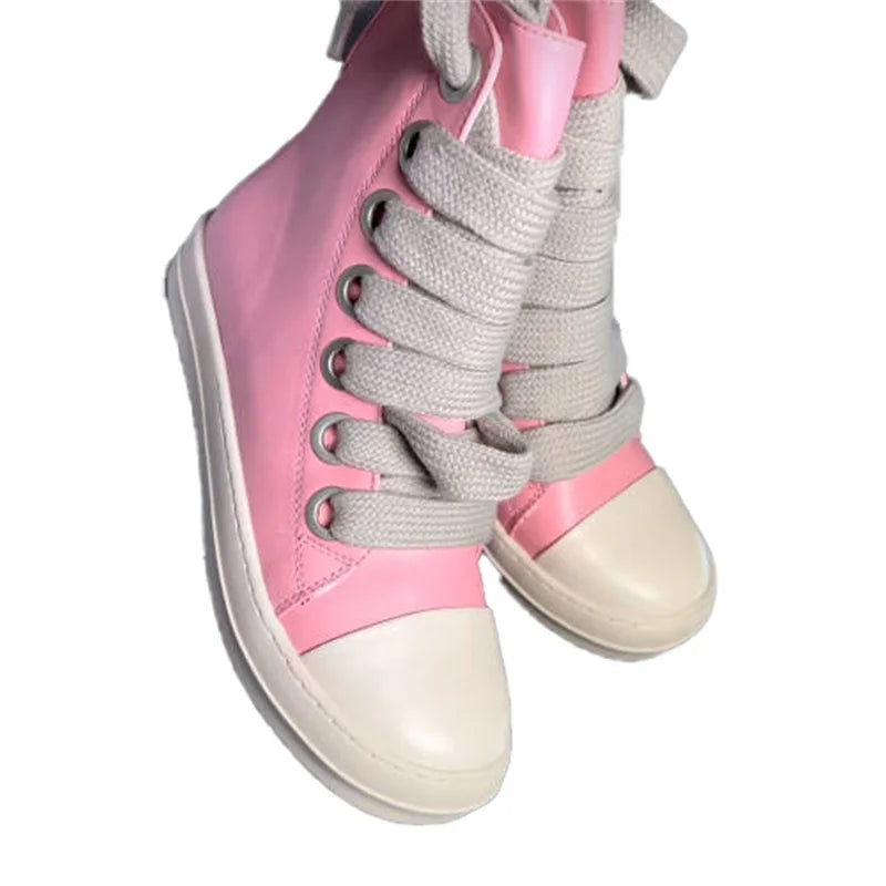Fast Shipping Round Toe High Top Board Sneakers Black Leather Casual Winter Shoes Women Zip Ankle Lace up Motorcycle Boots