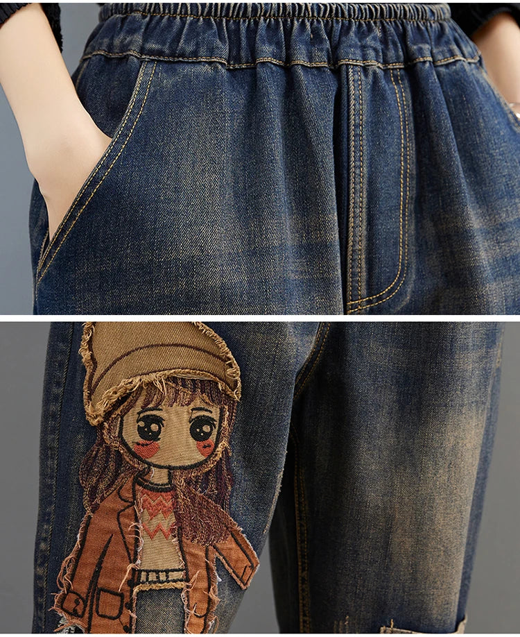 6537 Cartoon Litter Girl Embroidery Denim Pants For Women Trendy Hole Casual High Waist Breeches Pockets Mom Harem Blue Jeans