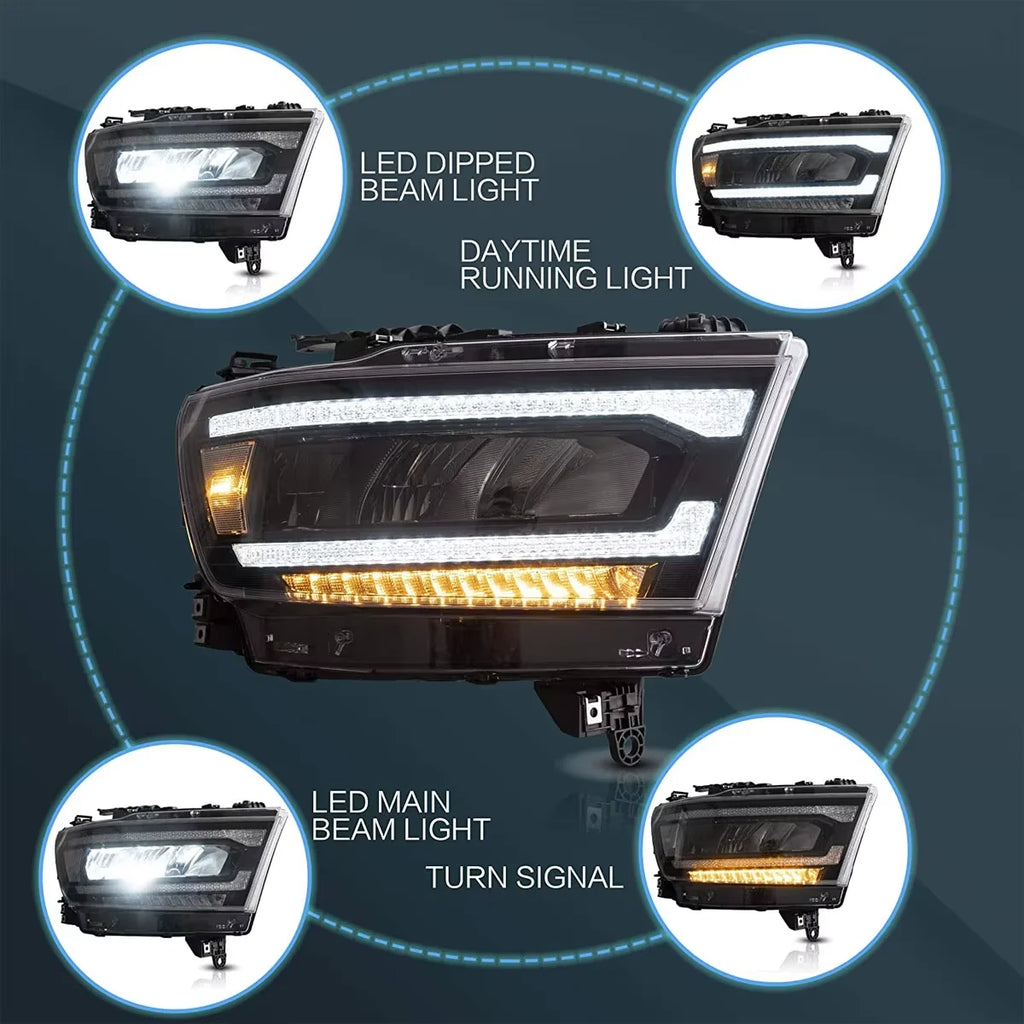 Car Accessories LED Head Lights Assembly for 2019-2021 Dodge RAM 1500 with Reflectors Tradesman, Bighorn, Laramie, Rebel