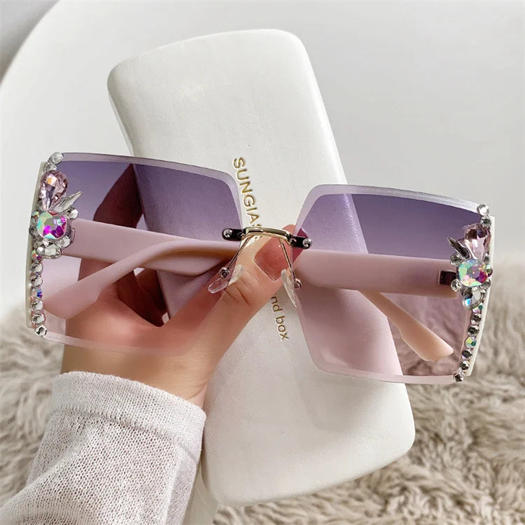 2024 Luxury Vintage Sunglasses Branded Custom logo Eyewear Shades Oversized Female Rimless Square Diamond Ladies Sunglasses